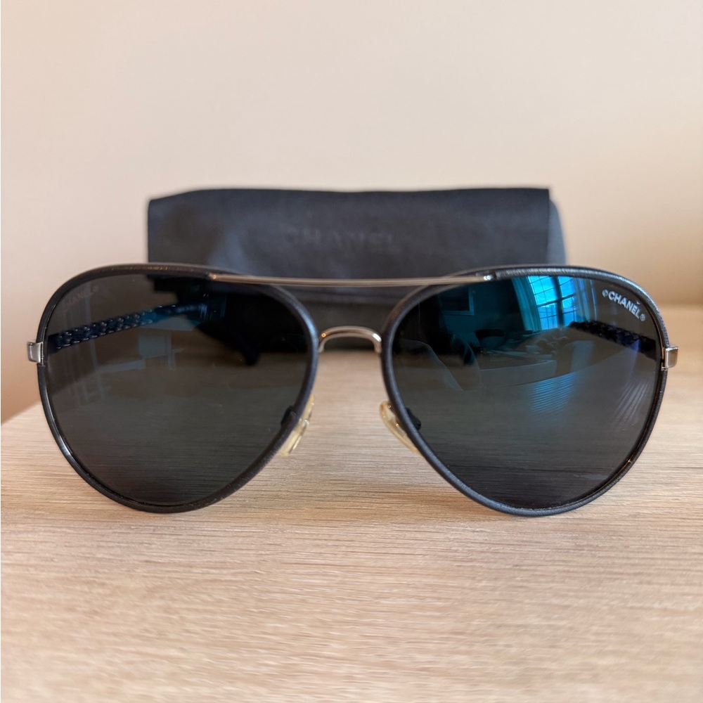 CHANEL Black and Silver Aviator Sunglasses